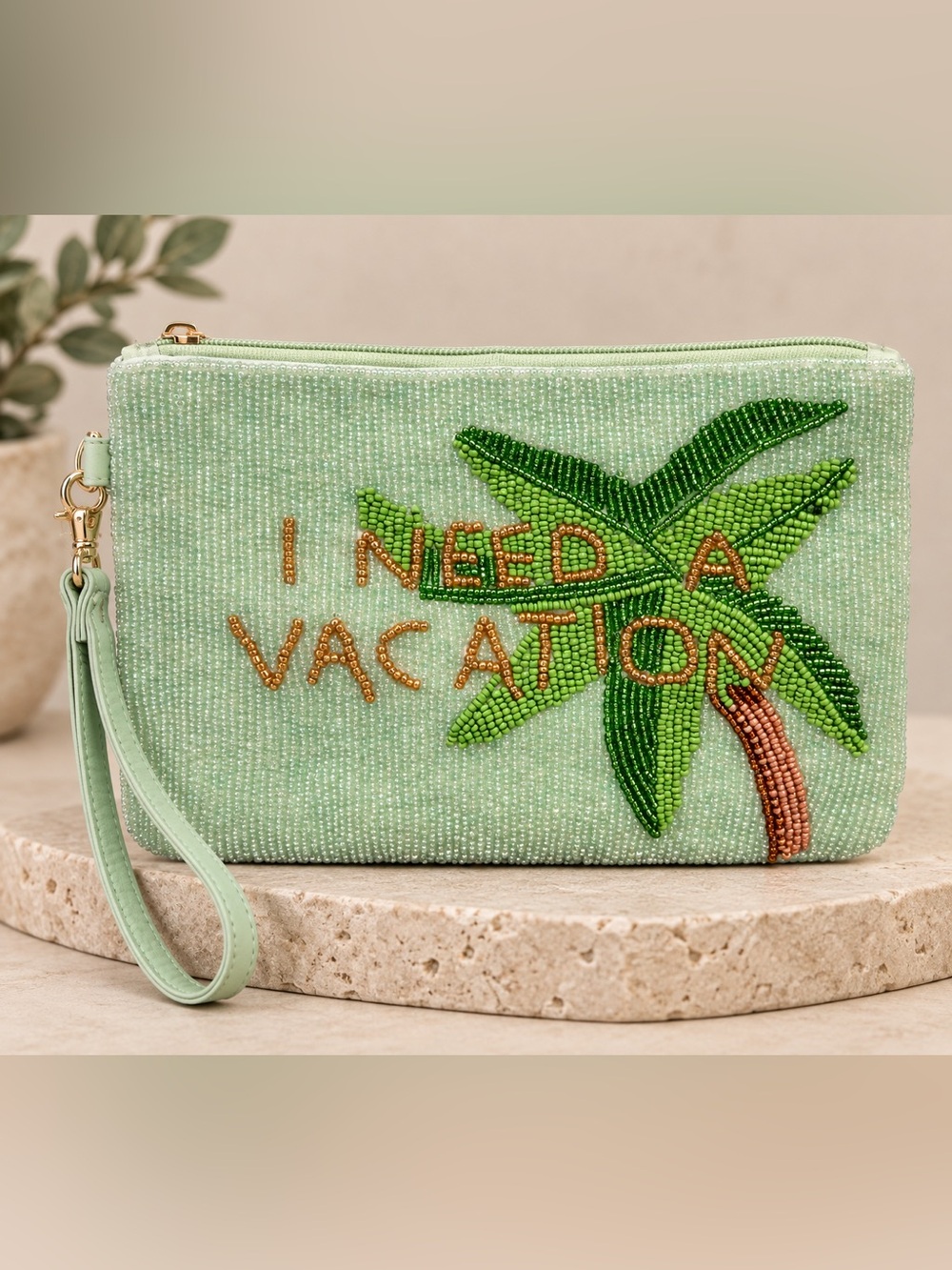 House of Harlow 1960 | Beaded “I Need A Vacation” Wristlet Makeup Travel Bag